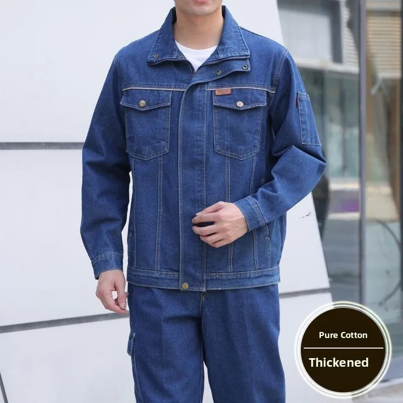 

Thiened Welding Pure Cotton Denim Workwear Men's Set Stand Collar W Labor Protection Clothing Wear Resistant ...
