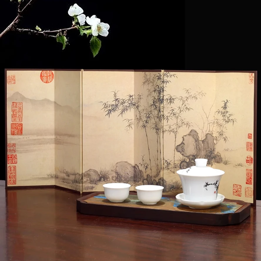 A Landscape Upon Your Desk | New Chinese Style Scholar's Screen | Silk-Mounted, Table Screen Painting Gift-Boxed for Collectors
