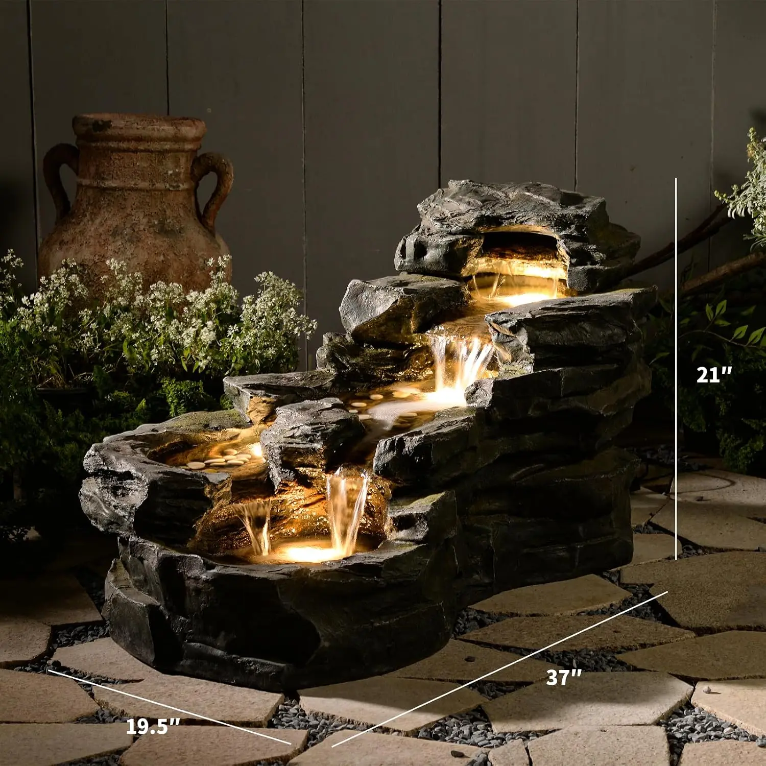 Outdoor 37 Inch Water Fountain 5 Tier Rock Waterfall Fountain LED Lights Warm Golden Glow Relaxing Water Sounds Large Reservoir