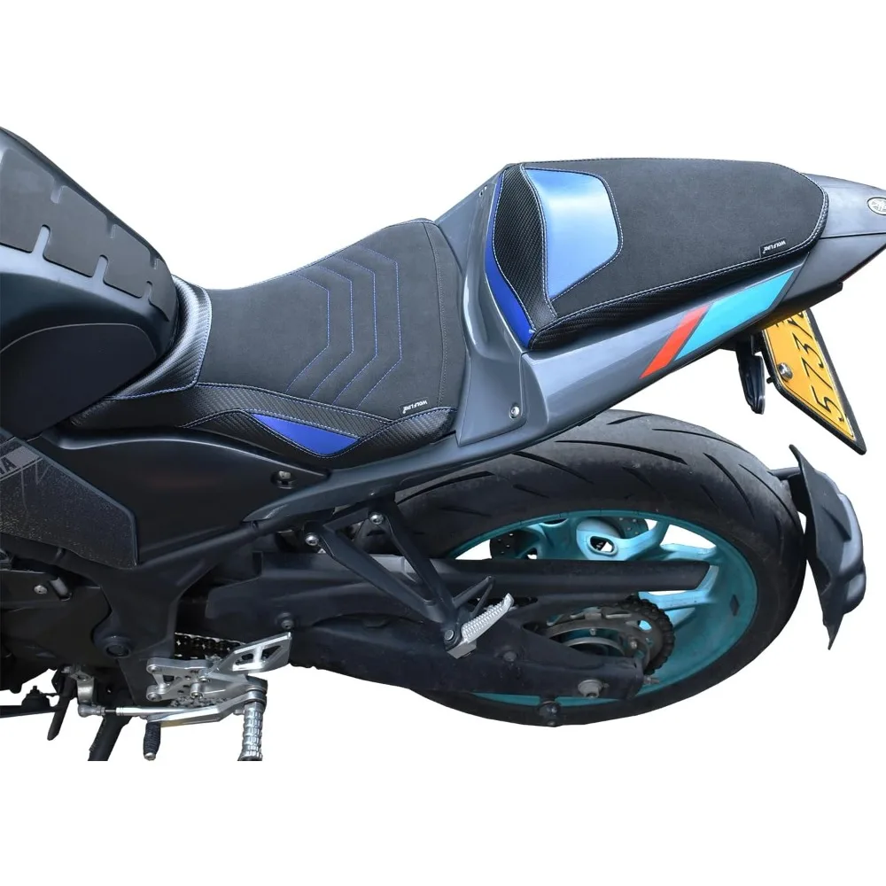 Motorcycle Leather Front Rider Saddle Solo Rear Passenger Seat Cushion Pillion Pad Compatible with MT-03 YZF-R3 2015-2024, Blue