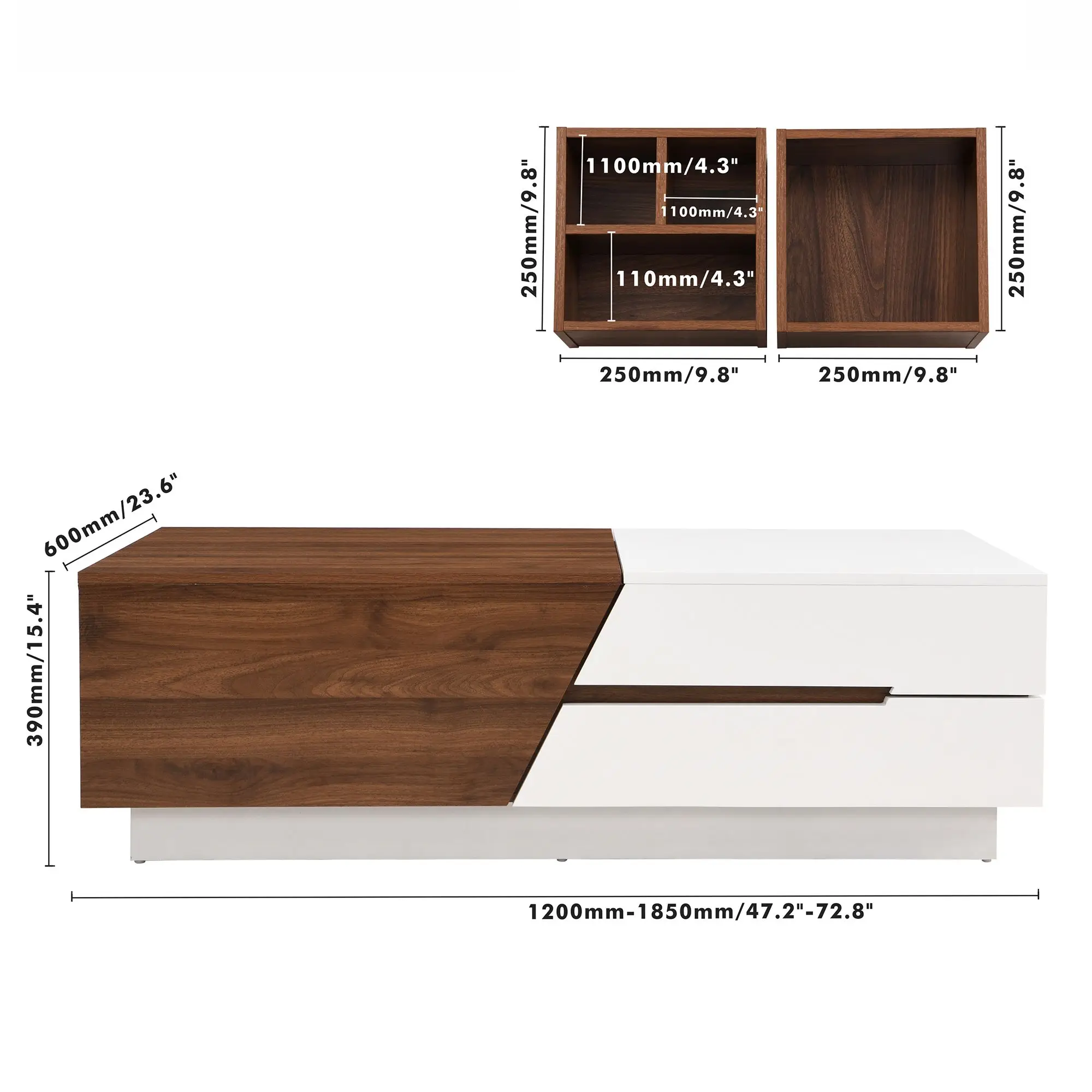 Modern Extendable Sliding Top Coffee Table with Storage in White&Walnut ,Versatile Functionality,Café Tables