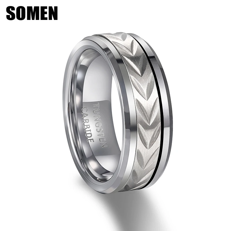 Somen 8mm Silver Color Tungsten Ring Pattern Inlay Polished Engagement Wedding Band Fashion Jewelry Men Rotating Rings