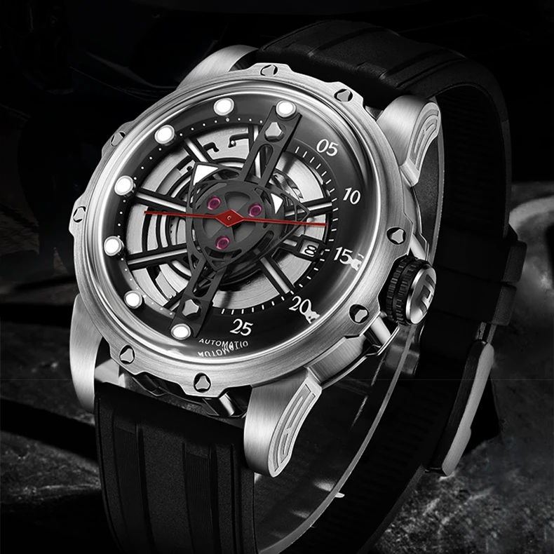 

HANBORO мужские автоматические часы мужские роскошные часы 100 м водонепроницаемые светящиеся механические наручные часы скелетонизированный циферблат резиновый ремешок