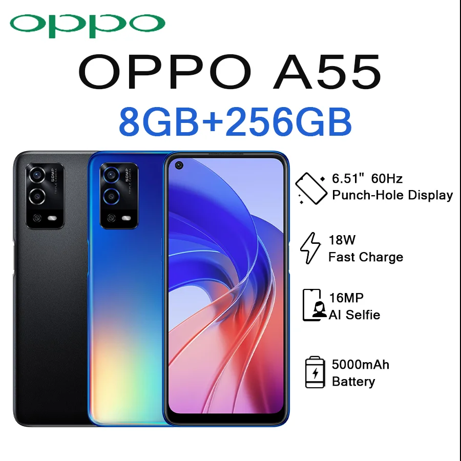OPPO A55, Pantalla de 6.51 Pulgadas, 8GB+256GB, Cámara Principal con IA de 50MP, Batería de 5000mAh, Carga Rápida de 18W, 4GLTE, Nuevo, Doble SIM, Teléfono Inteligente Desbloqueado
