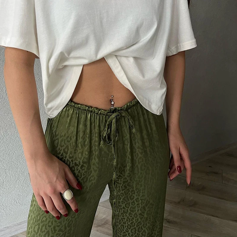 Summer Black Pants Women Fashion Lace-up Loose Trousers Ice Silk Casual Leopard Print Retro High Waist Straight Pants Streetwear