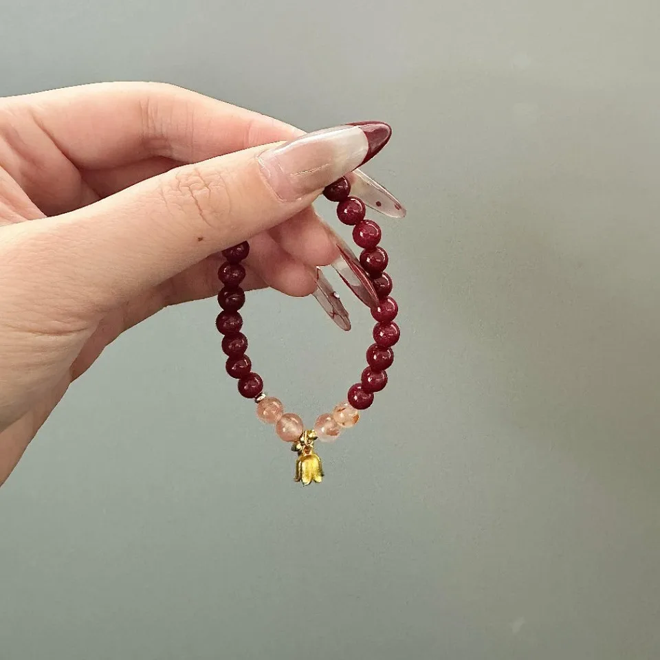 Chinese Style Lucky Cinnabar Icy Floating Flower South Red Agate Bell Orchid Charm Bracelet For Women Blessing Wealth Good Luck
