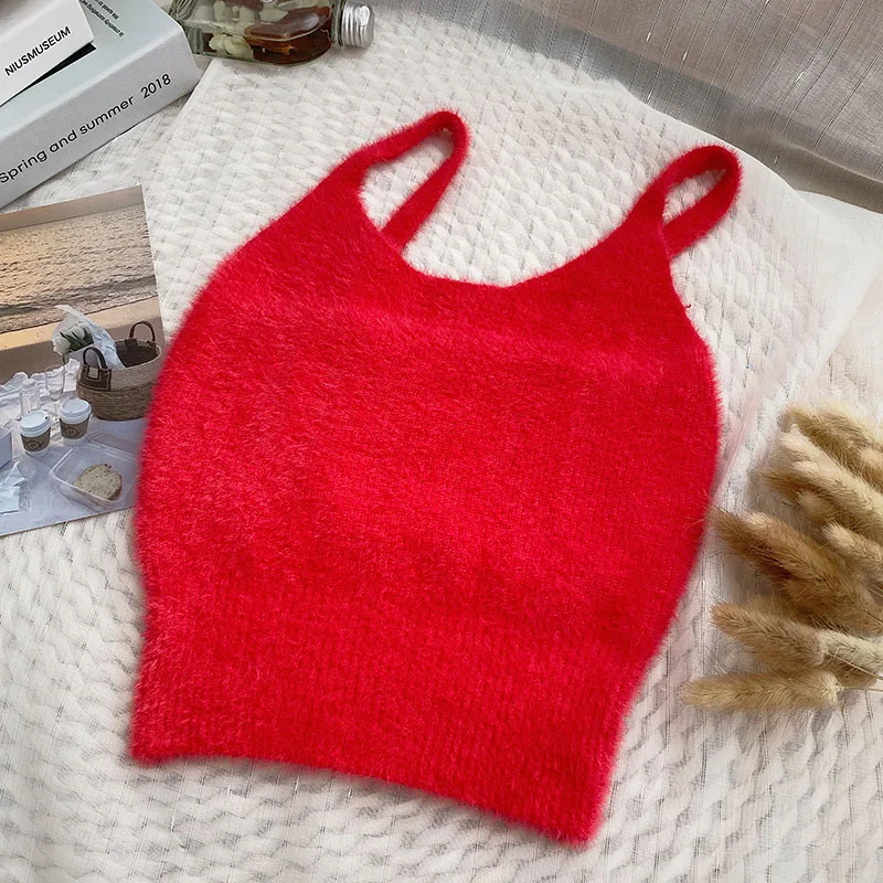

Rin Confa Women New Styles Casual Cropped Spring Fuzzy Knitted Soft Tank Tops U Neck Solid Color Sexy Cashmere Sleeveless Top