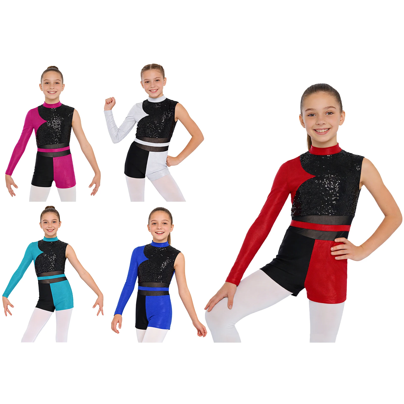 Kid Girl Sequins Gymnastics Dance Jumpsuit Metallic Asymmetrical Leotard Ballet Figure Skating Performance Competition Dancewear