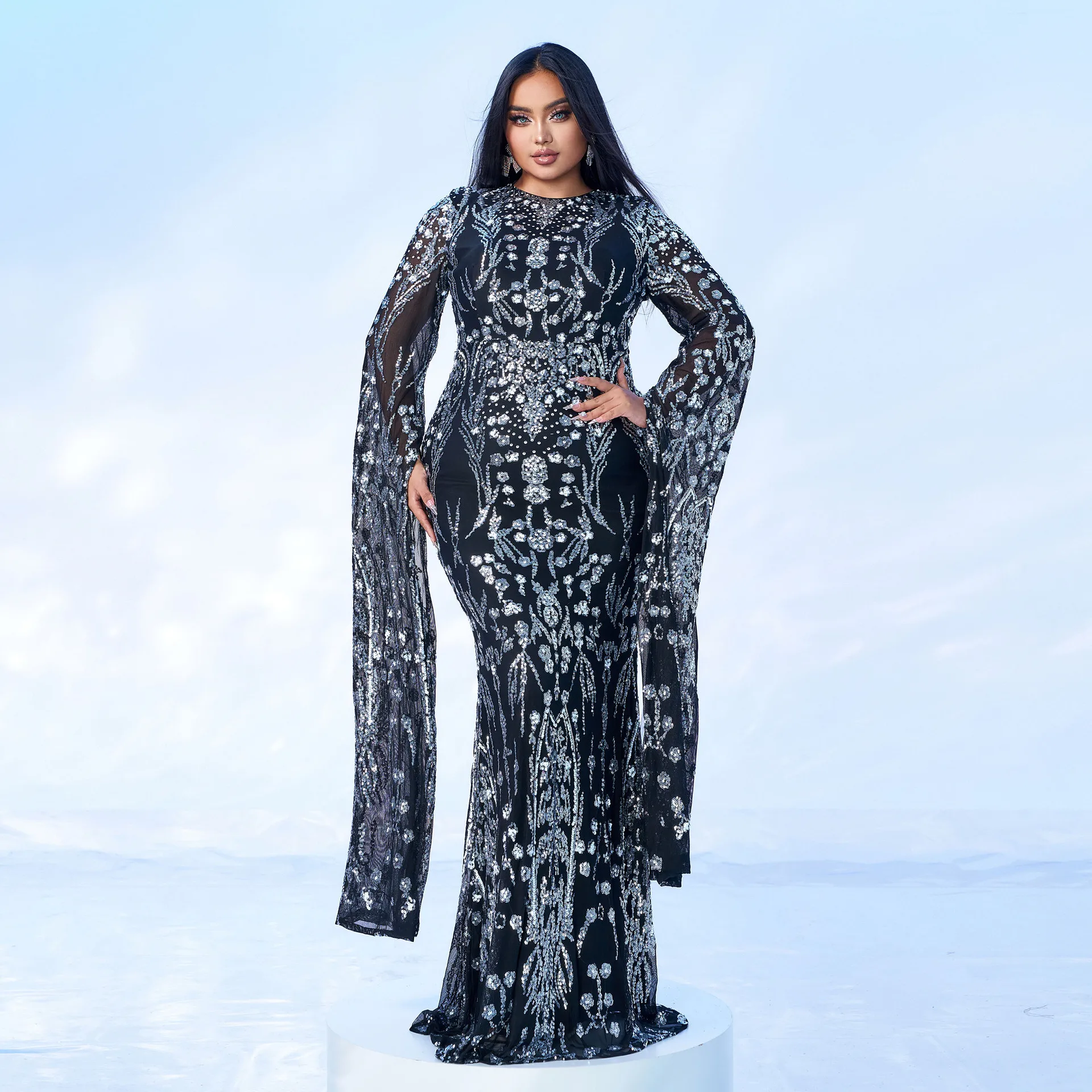 

Длинное платье размера плюс Sve round Ne Evening Dr, сверкающее платье с пайетками и хвостом для женщин больших размеров, повседневное деловое платье