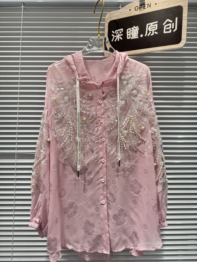 Perle di lusso Perline Ricamo Camicette di protezione solare con cappuccio oversize Camicie per le donne 2025 Primavera Estate Top Camisas De Mujer