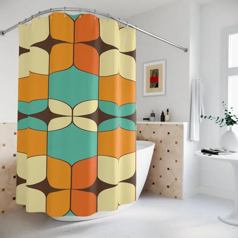 50s Mid Mod Aesthetic Retro Groovy Shower Curtain, Mid Century Modern Orange, Turquoise, Ivory MCM Bath Decor