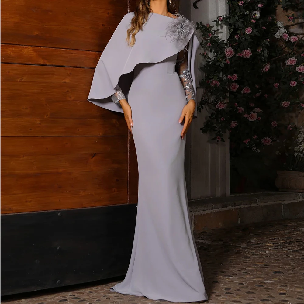 

Women's Light Gray Long Sleeve Evening Dress Capelet Lace Embellished Mermaid Formal Gown for Prom Gala Wedding Guest