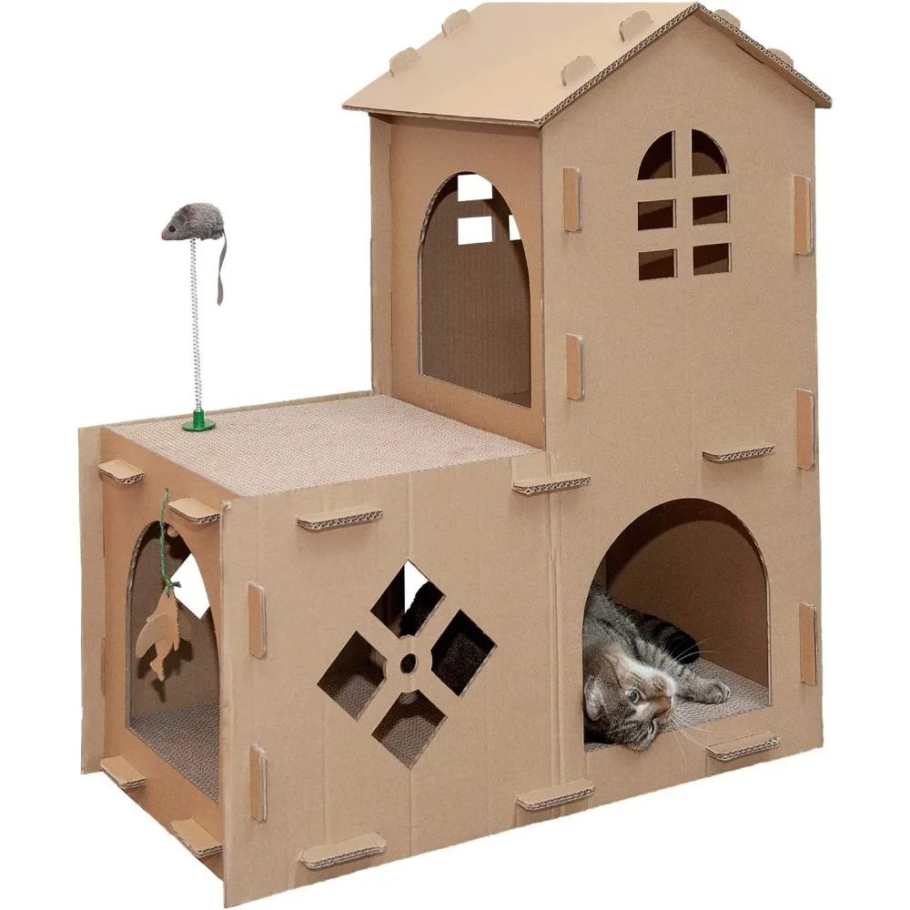 

Multi-Level Cardboard Cat House w/ Catnip for Indoor Cats, Ft. Scratching Pads & Toys - Farmhouse Corrugated Cat Scratcher