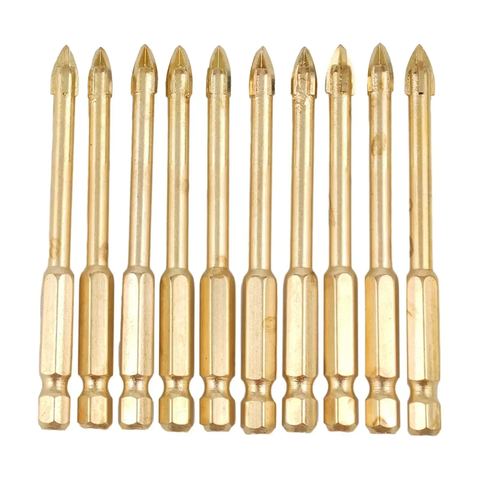 10Pcs 6mm Drill Bits Set With TIN Coated Carbide Tip Cross Spear Head Drill Bit Hex Shank For Glass Ceramics Wood Dilling Tools