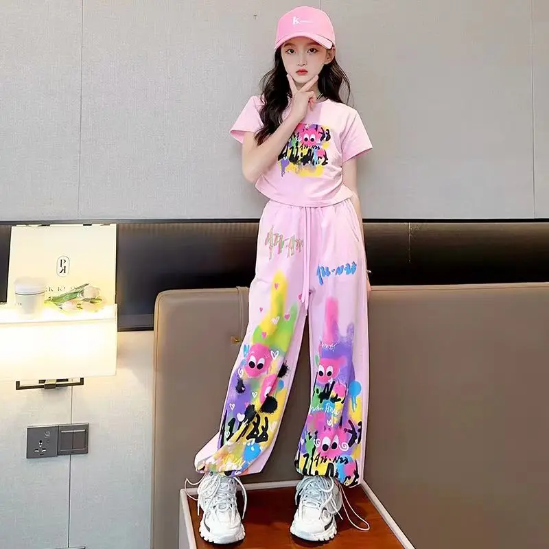 

110-160cm Graffiti Pink T-shirt Suit for Girls Clothes Set Fashion Kids Loose Pants Teenage Outfits In Summer 5 7 8 10 12 Years