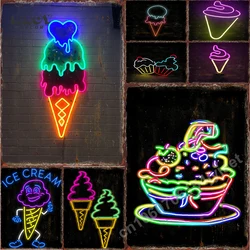 Neon Ice Cream Metal Tin Sign for Dessert Shop Home Kitchen Iron Plate Vintage Poster Cafe Western Restaurant Wall Decor Plaques