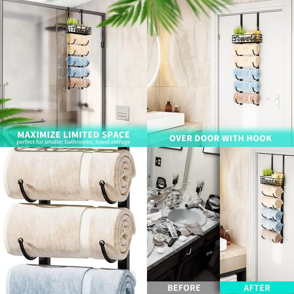 

6-уровневый дверной и настенный органайзер для полотенец с металлической корзиной для компактных ванных комнат, кемперов и фургонов — черный, запатентованный