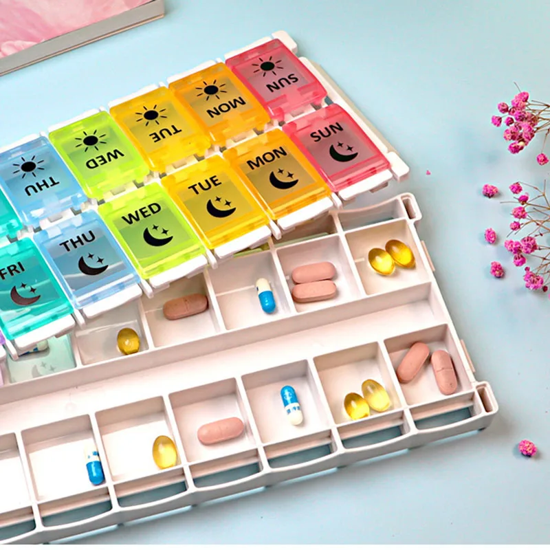 Tygodniowe przenośne podróżne pudełko na pigułki Organizer na 7 dni 14 siatek Pojemnik na pigułki Przechowywanie tabletek Leki Witaminy Medycyna Oleje rybne