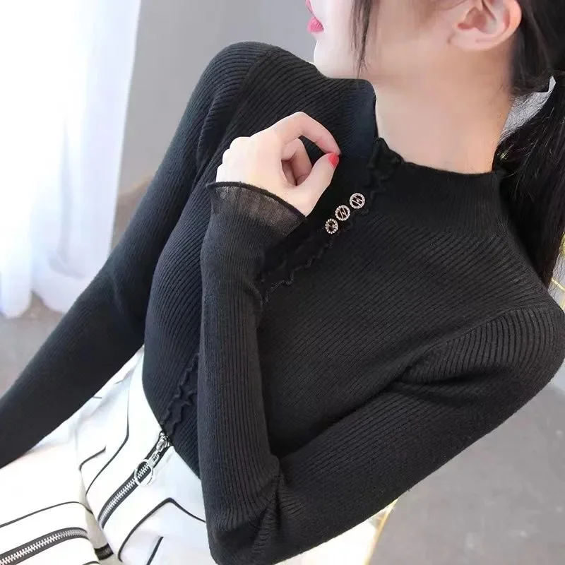 

2023 Women Autumn Knitted Slim Sweaters Solid Knitted Female Cotton Soft Elastic Color Pullovers Button Full Sleeve Turtleneck