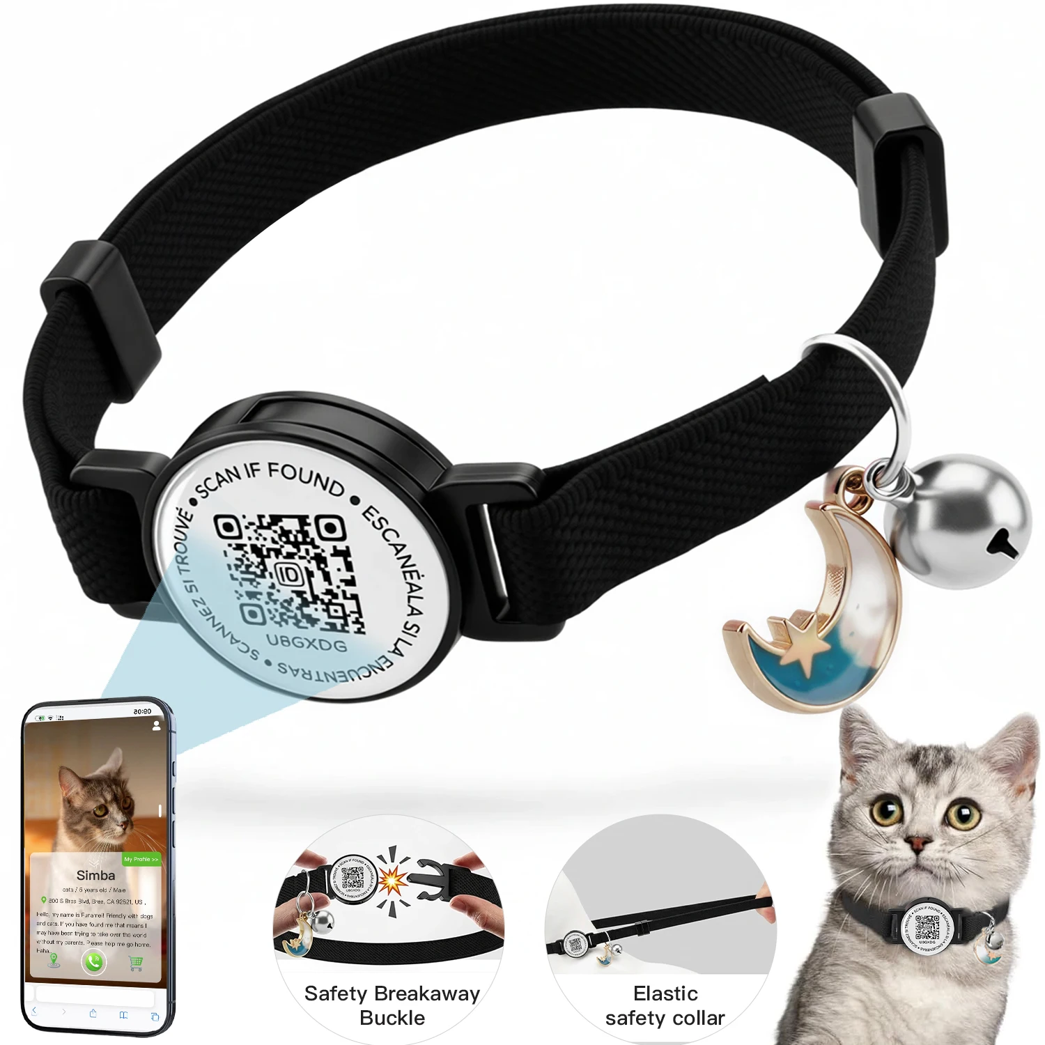Elastic Pet Tag Cat Collar Breakaway with QR Code ID, Personalization Puppy Cat Accessories Kitten Collars, Safety Quick Release
