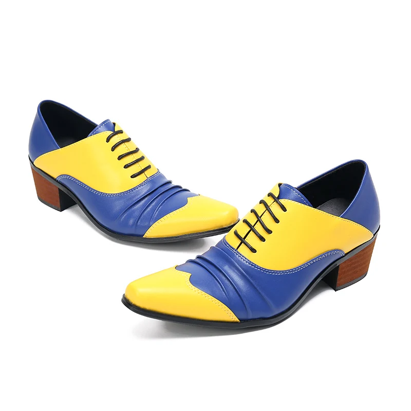 Fashion Color Blocking Men Pointed Toe Mid Heel Lace Up Shoes Business Large Size Formal Shoes Elegant Male Real Leather Shoes