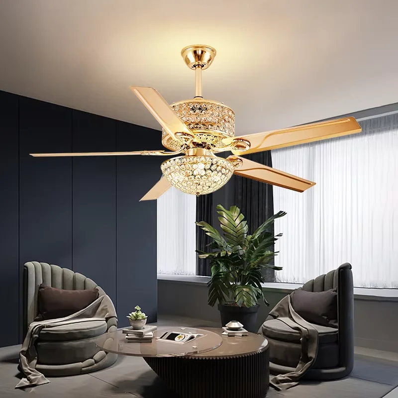 European and American luxury crystal LED ceiling fan light wrought iron metal living room bedroom remote control