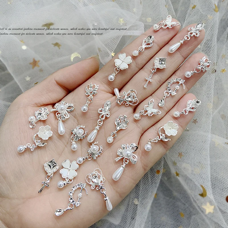 10pcs Pearl White Nail Decorations Butterfly Clover Nail Accessories Pendant Luxury Fashion Nail Art Manicure Nail Supplies