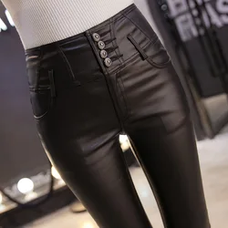 2023 winter warm woman pu leather pants women elastic velvet trousers pencil leggings tights women show thin dress