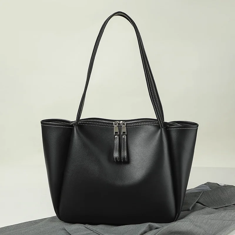 Retro black PU leather tote bag for women 2024 new fashionable casual handbag with large capacity soft leather shoulder bag