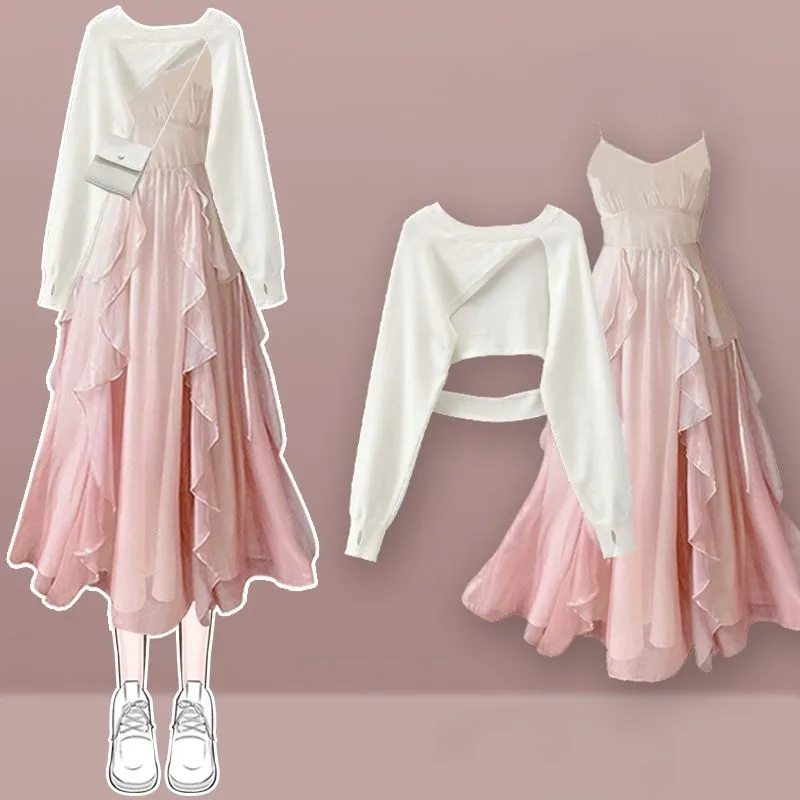 

2025 Autumn New Fashion Short Long-sleeved Hoodie Top+Sexy Sling Skirt 2-piece Suit Korean Elegant Vintage Dress Matching Set