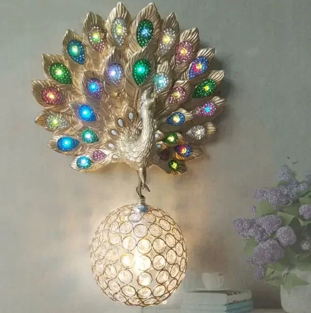 French pastoral style blue peacock crystal warm living room bedroom aisle bedside wall lamp balcony wall lamp