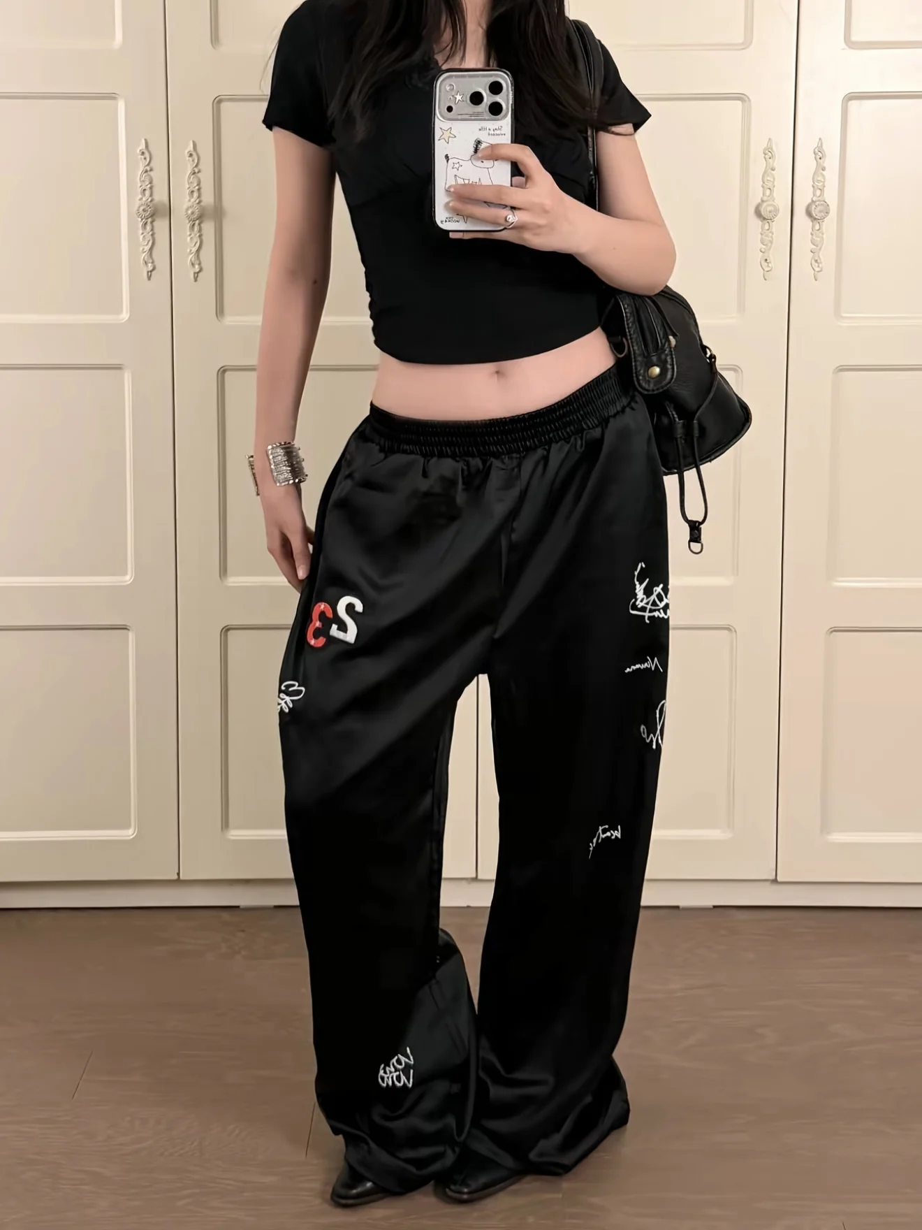 

American Style Satin Cool Feeling Embroidered Print Drapey Loose Casual Pants Men's High Waist Straight Leg Polyester Fiber