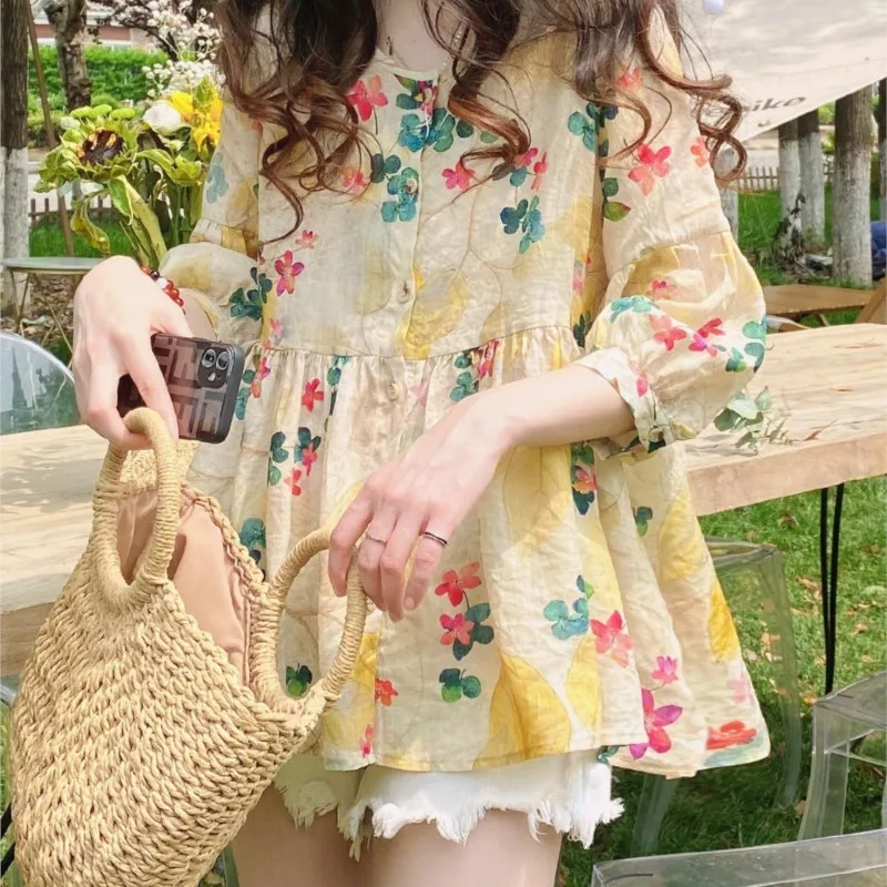 Floral Print Blouses & Shirts 2024 Summer Elegant Tops O-neck Buttons Loose Casual Shirt 3/4 Sleeve Korean Style Women Clothes