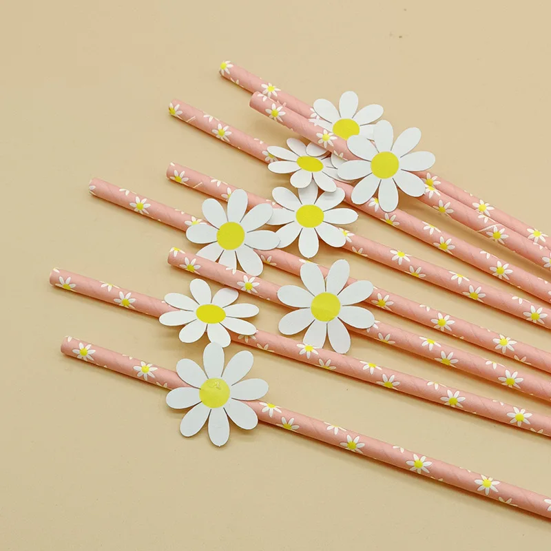 20pcs/pack Small Daisy Paper Straws Boho Floral Pink Straws Disposable Girls Birthday Supplies Little Baby Shower Wedding Decor