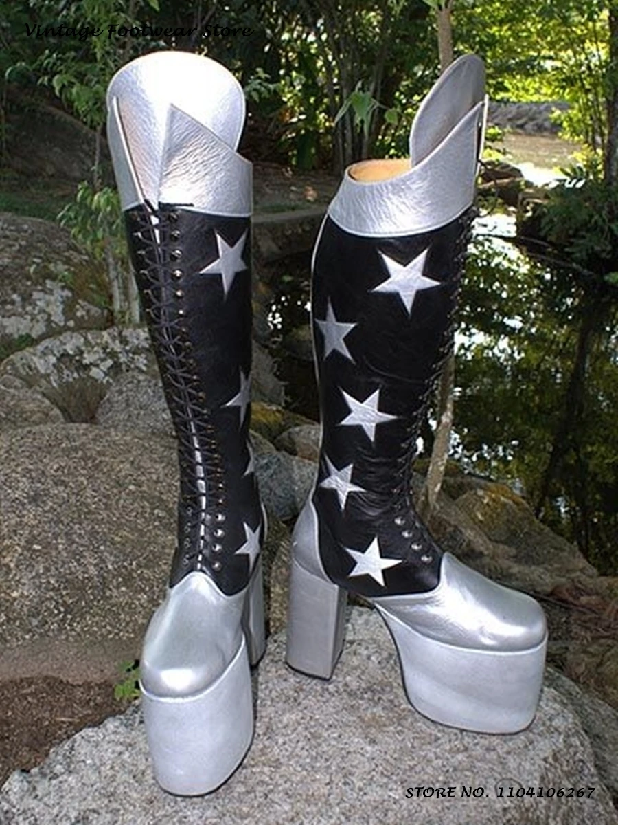 Star Embroidery Patchwork Platform Boots Round Toe Block Heels Festival Costume Cosplay Shoes Women's Lace-up Knee-high Boots