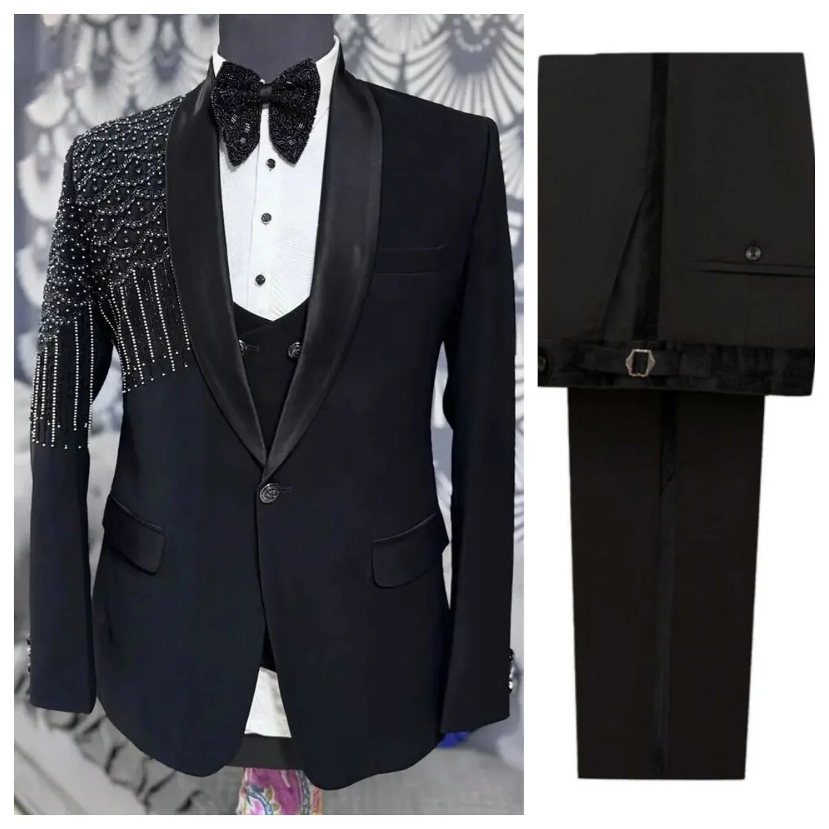 

Exquisite Beading Wedding Tuxedos 2 Pcs Jacket Pants Men Suit Shawl Lapel One Button Groom Evening Business Blazers Customized