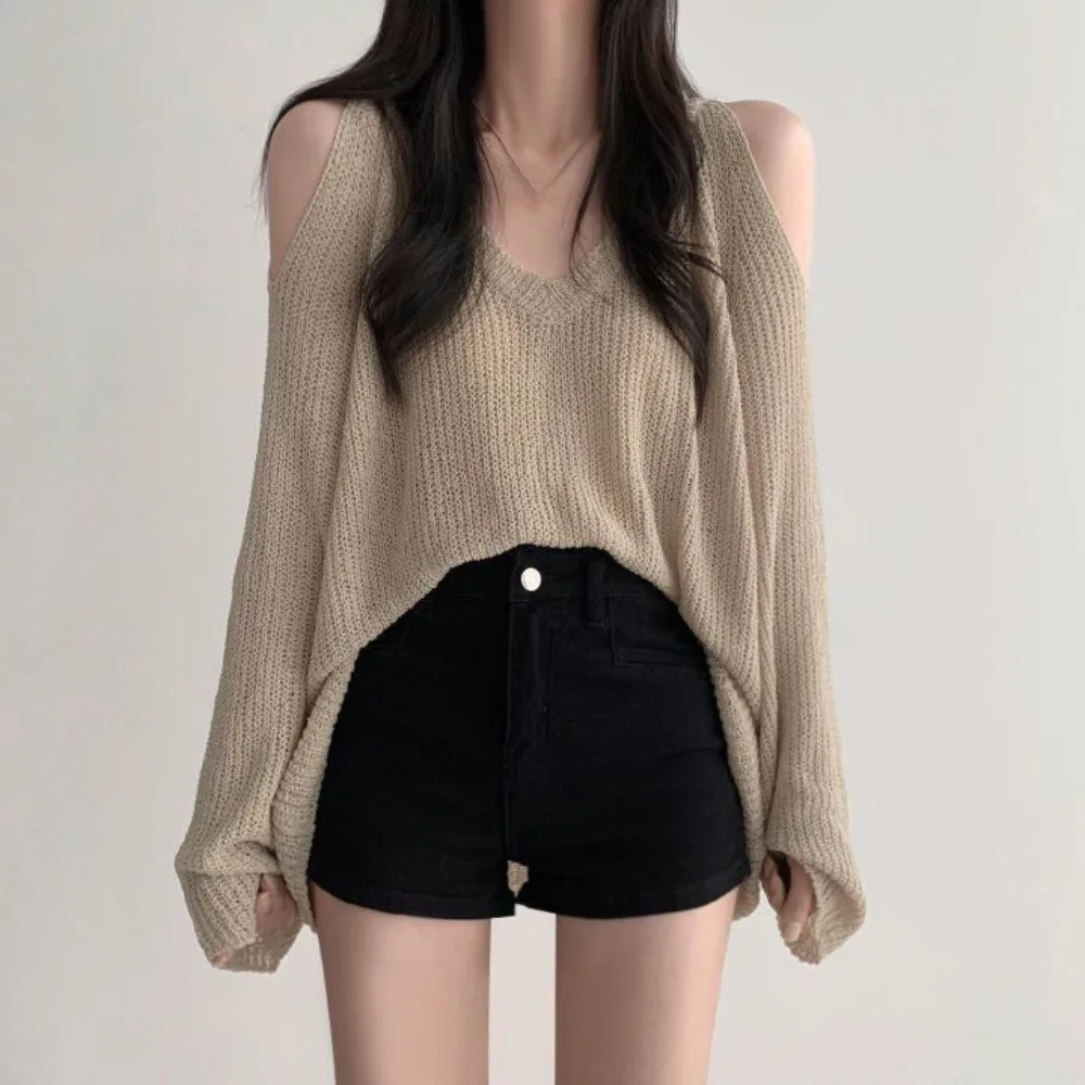

Simple Hollow Out Knit Long T-shirt Pullover Long Sleeve Crochet Knitwear Chic V-neck Knitted Loose Top Women