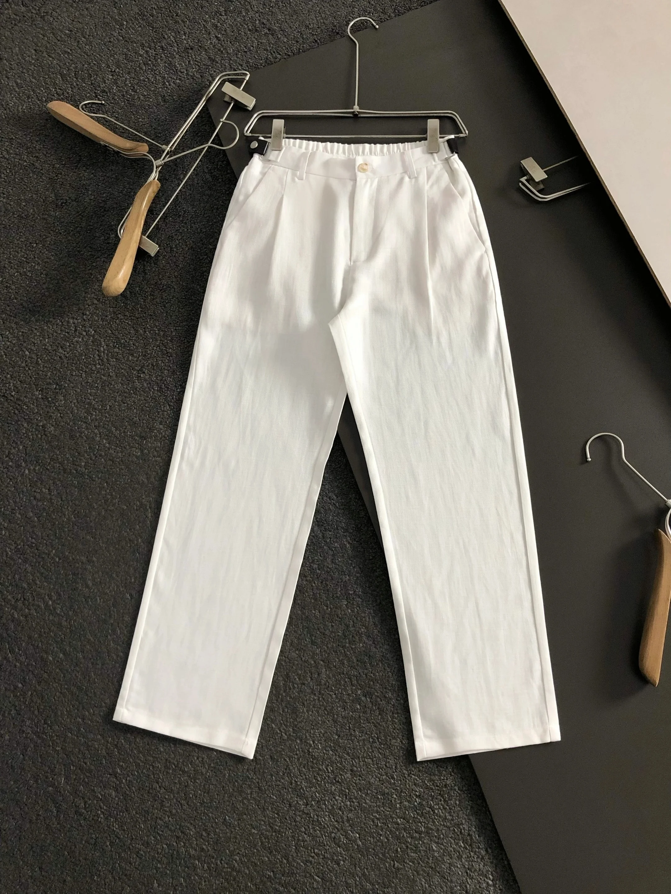

Italian Vintage Men's Summer Casual Pants Straight Leg Elastic Comfortable Linen Patchwork Leather Business High Waist Trousers