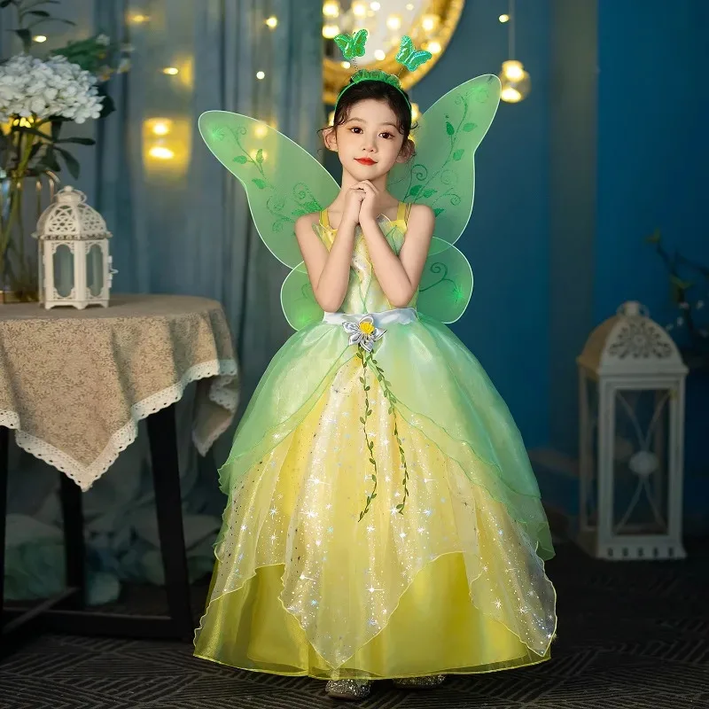Halloween Ragazze Fiaba Tiana Costume Cosplay Principessa Elfo Verde Vestito da Partito Carnevale Abito da Ballo Principessa e Rana Abiti