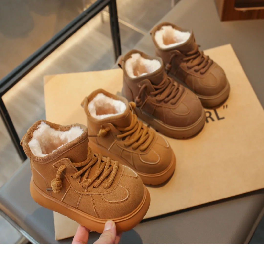 Kids' Snow Boots Solid Color PU Leather Winter Shoes For Children Anti-slip Warm Thick Bottom Brown Khaki Shoes Size 26-37