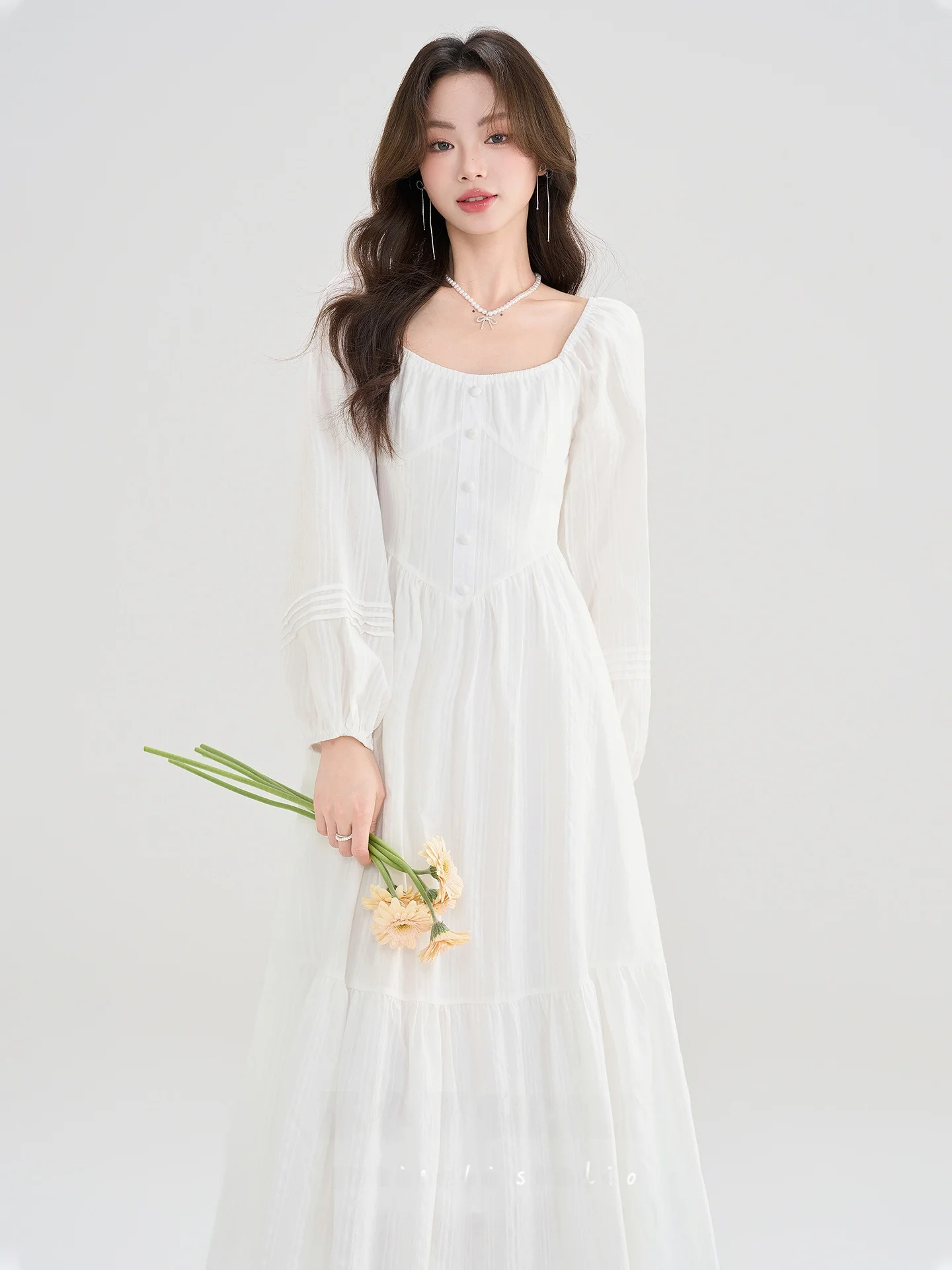 

Spring New Sle Su Xiaolei Gentle Wind Square Collar Long Sve White Dr Casual High Waist A-Line Skirt French Sle