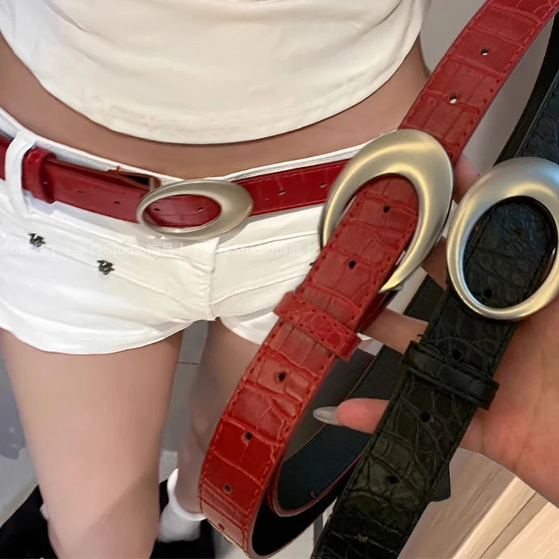 Vintage American Belt Crocodile Lines for Women Men Fashion Pu Leather Punk Metal Buckle Jeans Pants Advanced Red Waist Belts