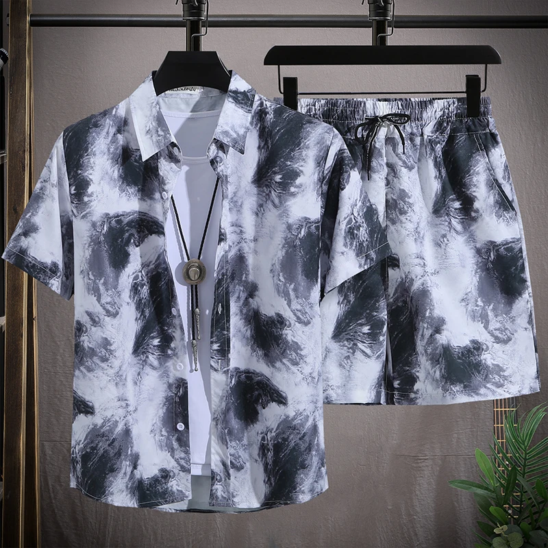 Summer Vacation Beach Short Sleeve Shirt Outfit Daily Leisure Comfortable Hawaiian Shirt And Shorts Two-piece Set Men's Clothes
