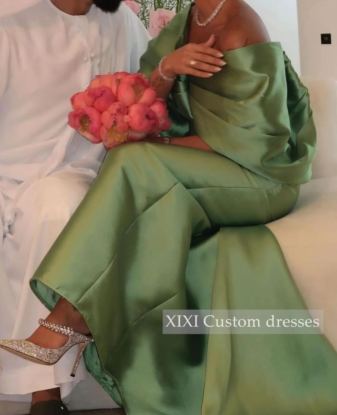 XIXI  فساتين سهرة Column Off-The-Shoulder Neckline Short Sleeves Zipper Up Beadings Elegant Party Dresses For Women 2024 Evening