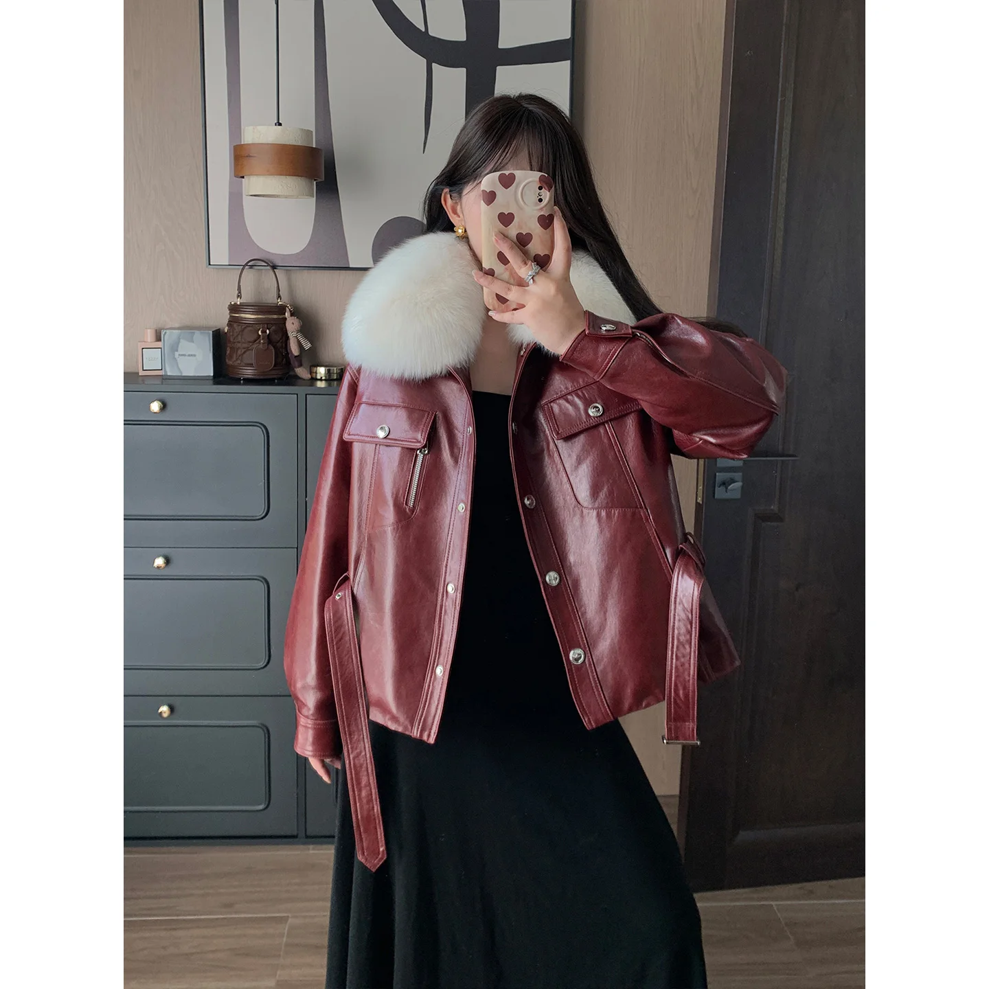 2025 automne hiver mode femmes veste en cuir col de fourrure manteaux courts à manches longues vestes à glissière femmes haute rue loisirs manteau