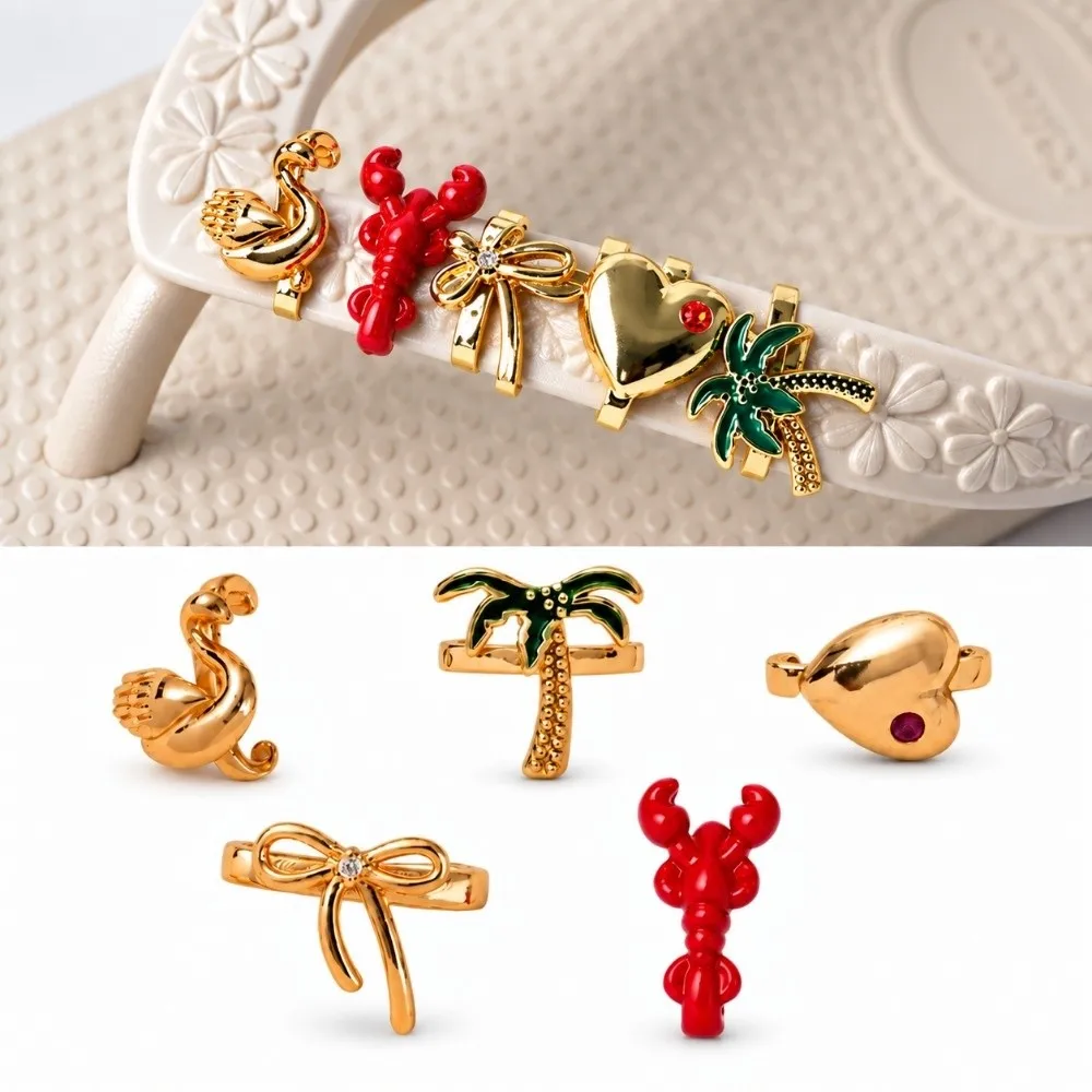 Metal Copper Flip Flop Charms Gold Heart Design DIY Decorations Sandal Decor Charms Personalized Accessories Trendy Beach Style