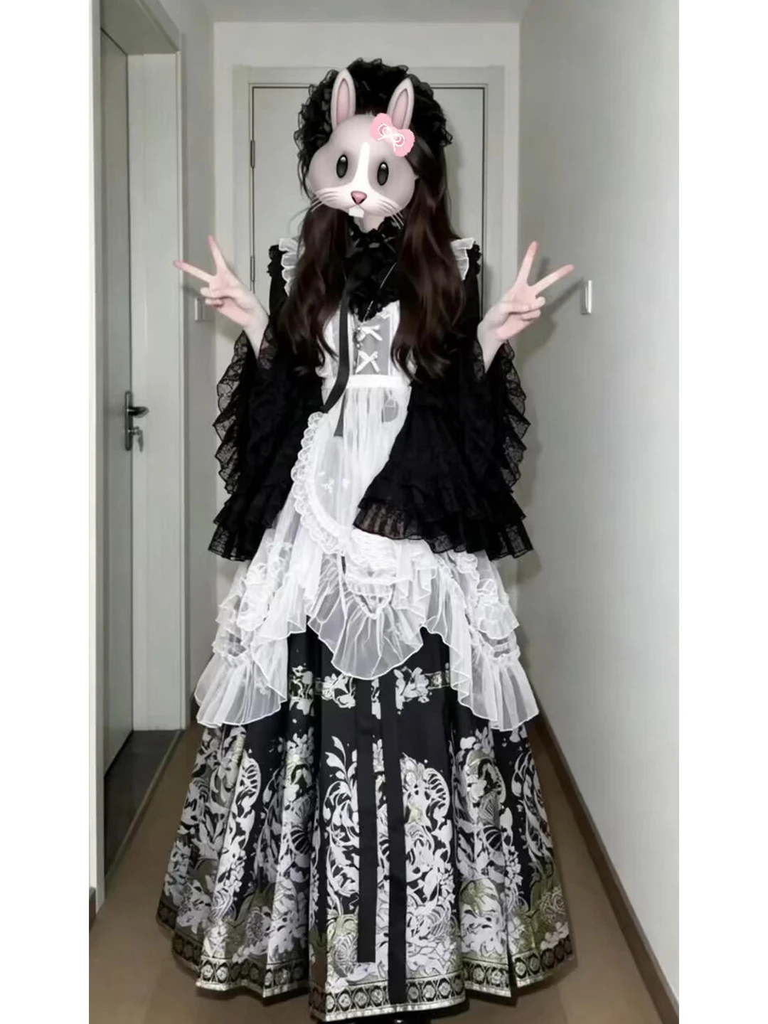 Black Gothic Lolita Set Ming Dynasty Style  Padded Sleeve Collarintersection Hanyuezong  Tail Skirt