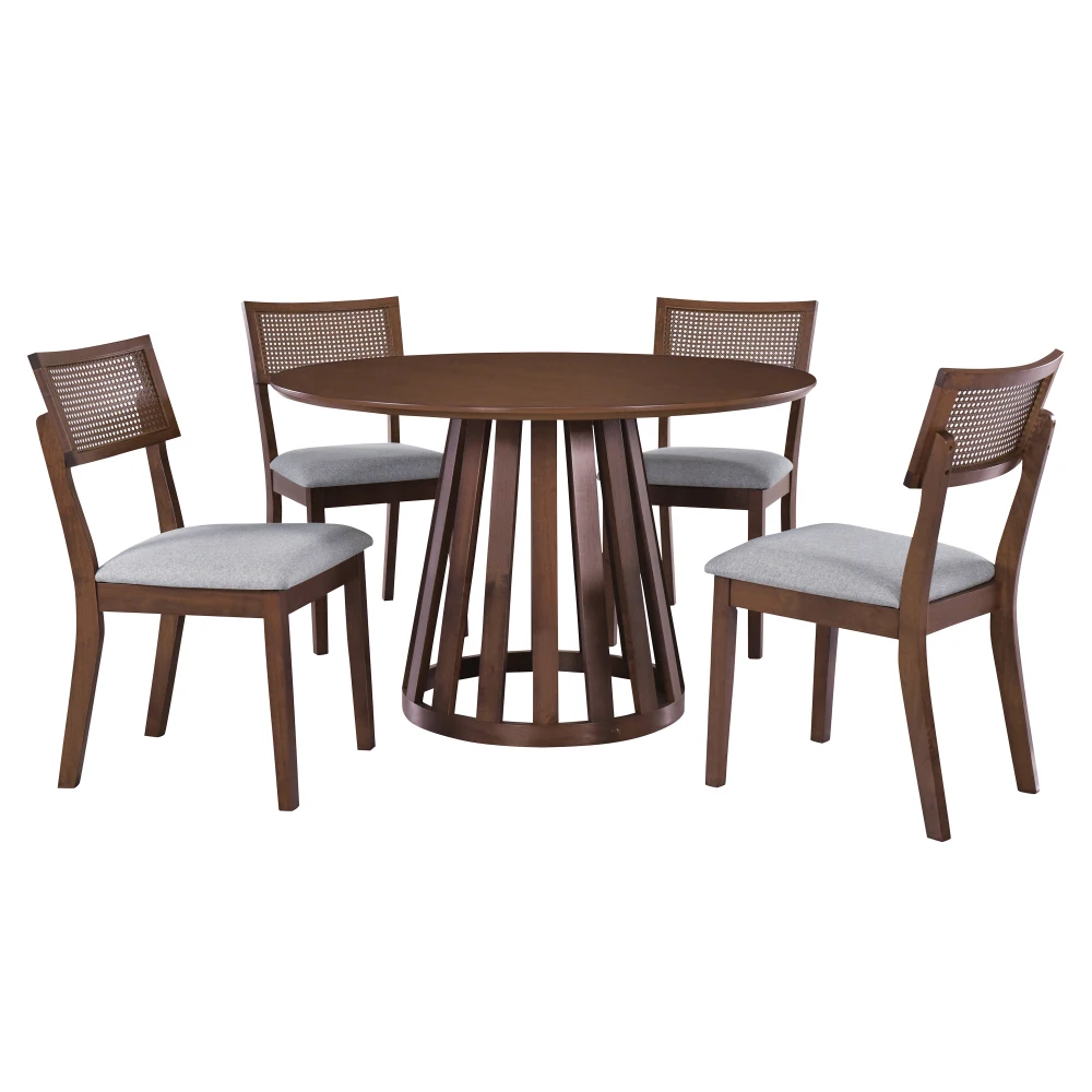 5-Piece Retro Dining Set with 1 Round Dining Table and 4 Upholstered Chairs with Rattan Backrests for Dining Room and Kitchen