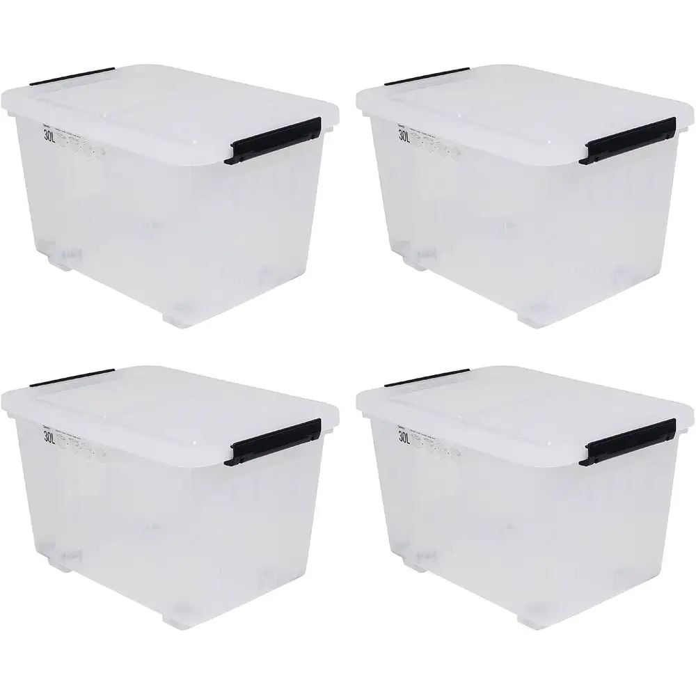

Set of 4 Large 30L Clear Storage Boxes with Lids and Wheels