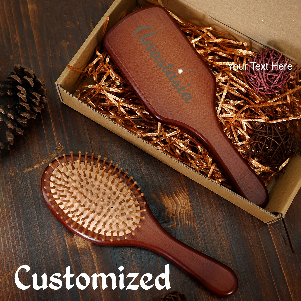 

1pc Custom Logo Hairbrush Bamboo Scalp Massager Air Cushion Hair Brush Anti-Static Detangling Tool Personalized Gifts For Mom
